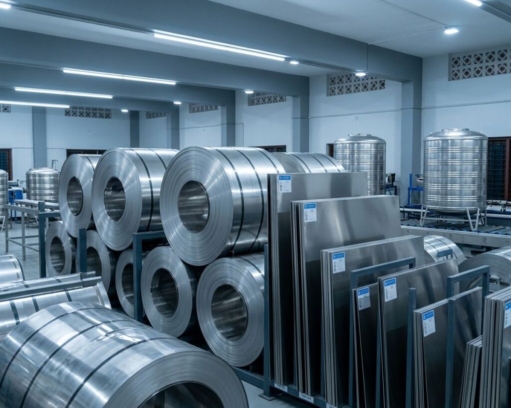 Raw materials of stainless steel water tank inside factory