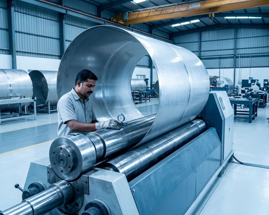 Manufacturing stainless steel water tank inside factory